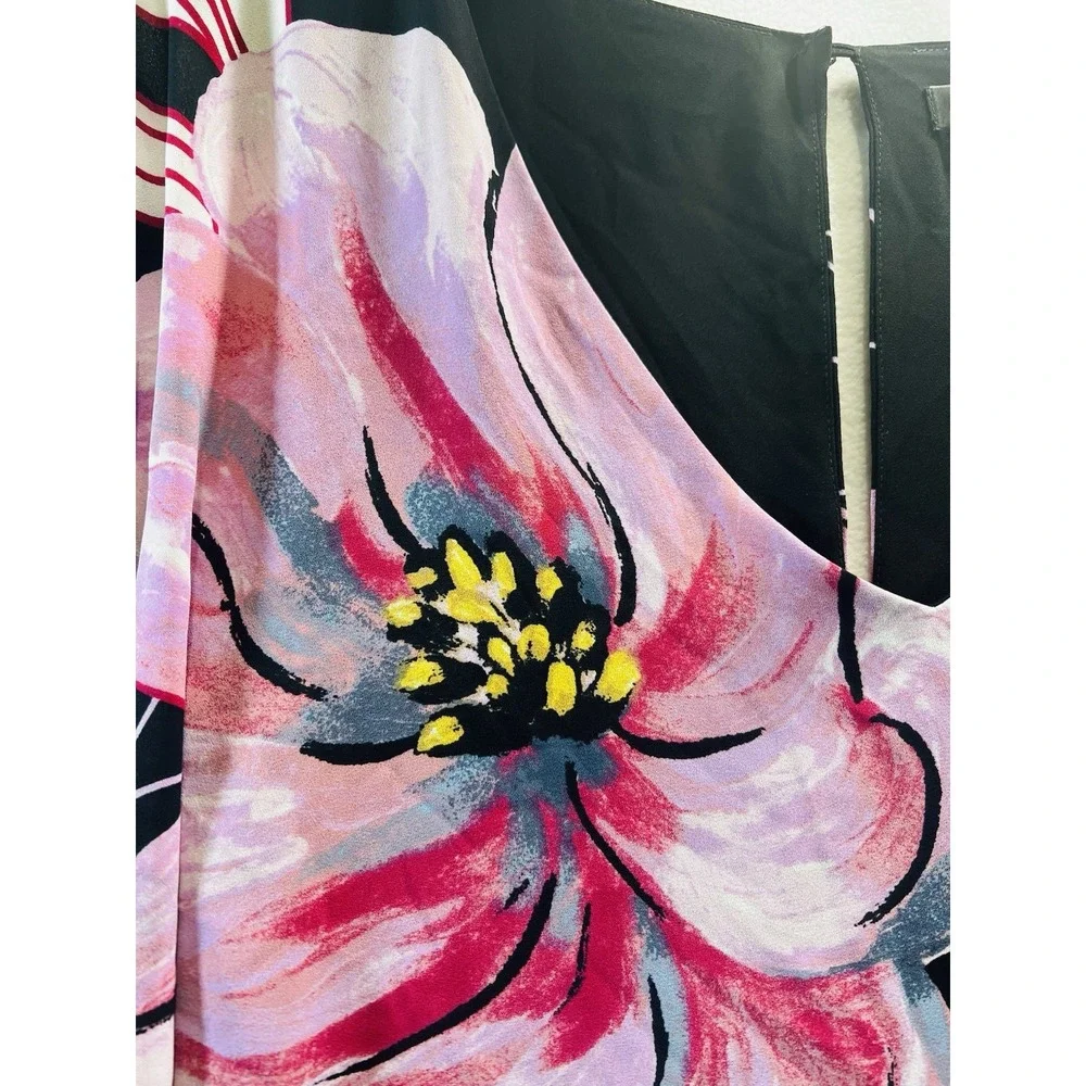 White House Black Market Floral Blouse Womens Size XXS Black Pink Dolman V-Neck - Picture 4 of 9